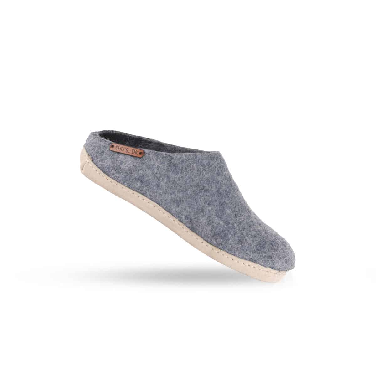 Wollpantoffel (100% reine Wolle) - Modell Denim mit Ledersohle