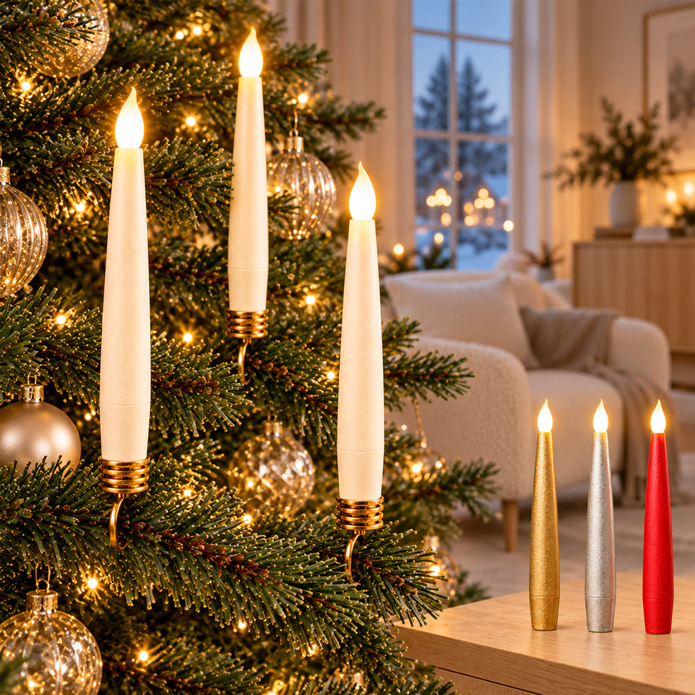 Weihnachtsbaumbeleuchtung LED 10 Stk. Kabellos inkl. Fernbedienung & Klemmen - passend für die meisten Kerzenhalter