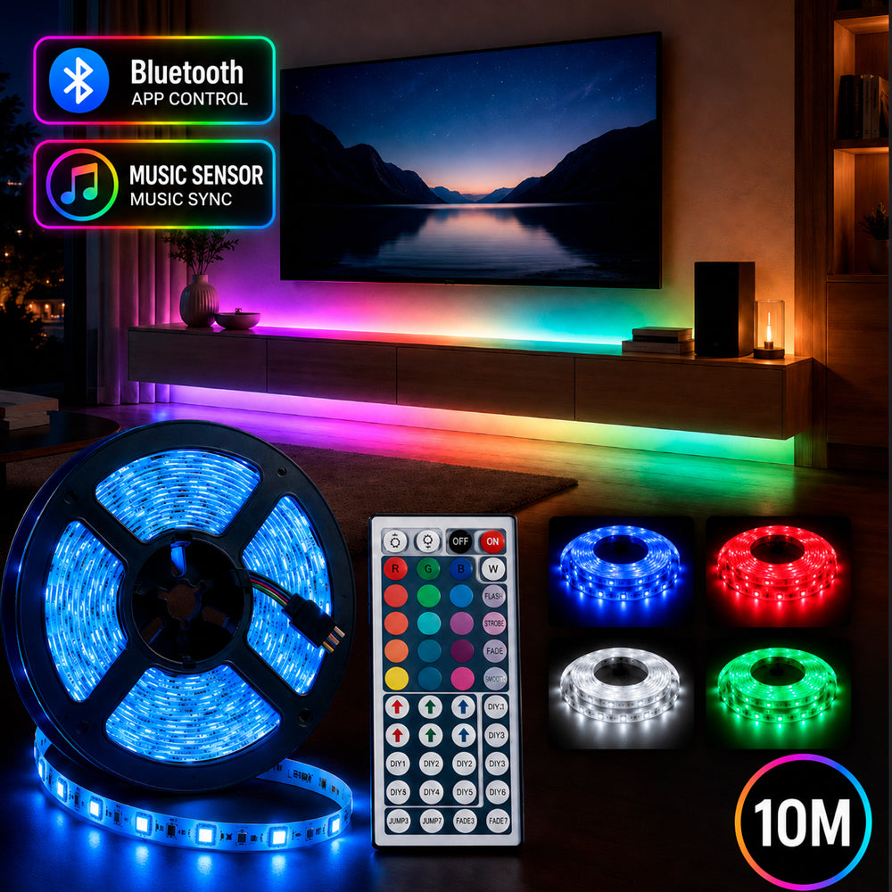 LED-Streifen-Lichterkette 10 Meter mit Bluetooth, Musiksensor und Fernbedienung