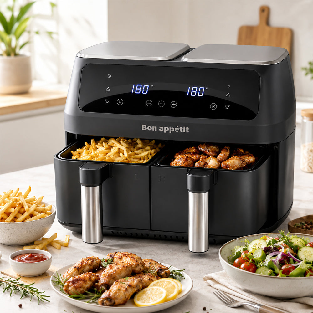 Heißluftfritteuse 8,0 l - doppelt - 2 Körbe und 2.400 Watt