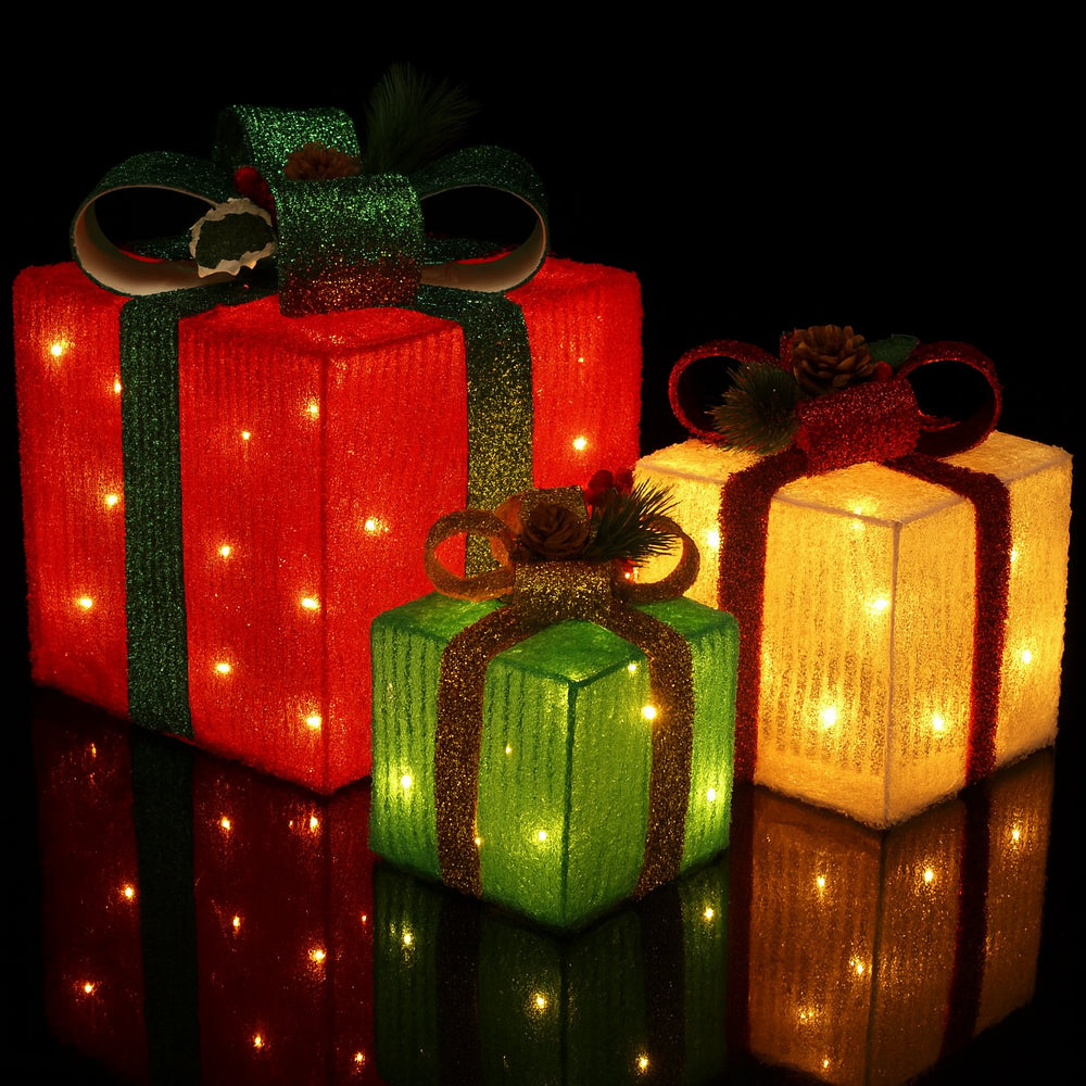 LED-Geschenkbox, bunte Farben - Set mit 3 Stück - rot, grün & gelb
