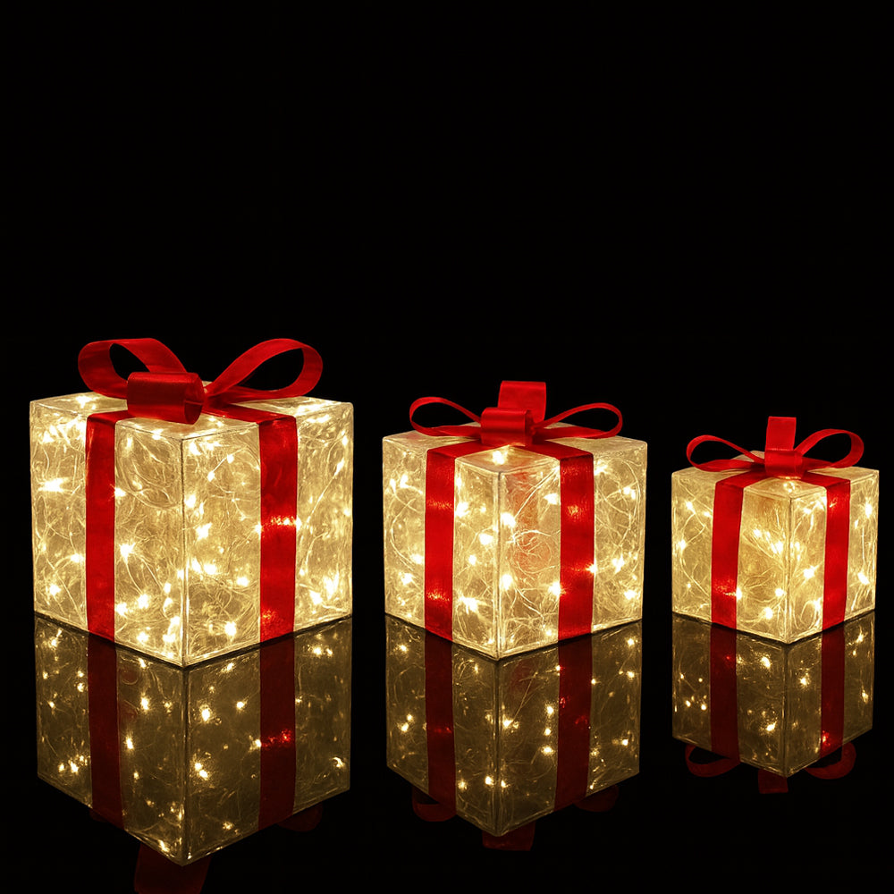 LED-Geschenkbox, Transparent mit roten Schleifen - Set aus 3 -