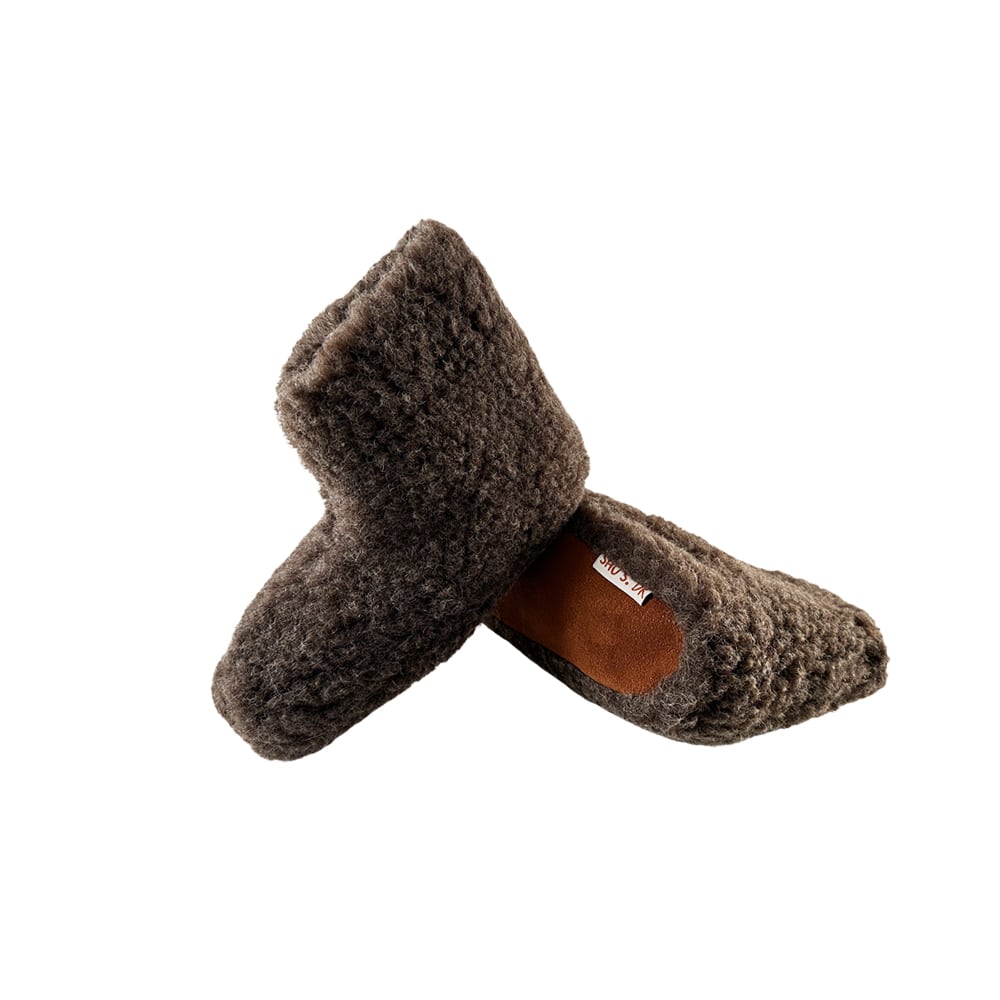 Flauschige Wollstiefel (100% reine Wolle) - Modell Braun mit Sohle aus Leder