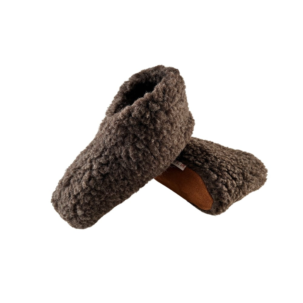 Flauschige Wollhausschuhe (100% reine Wolle) - Modell Braun mit Sohle aus Leder