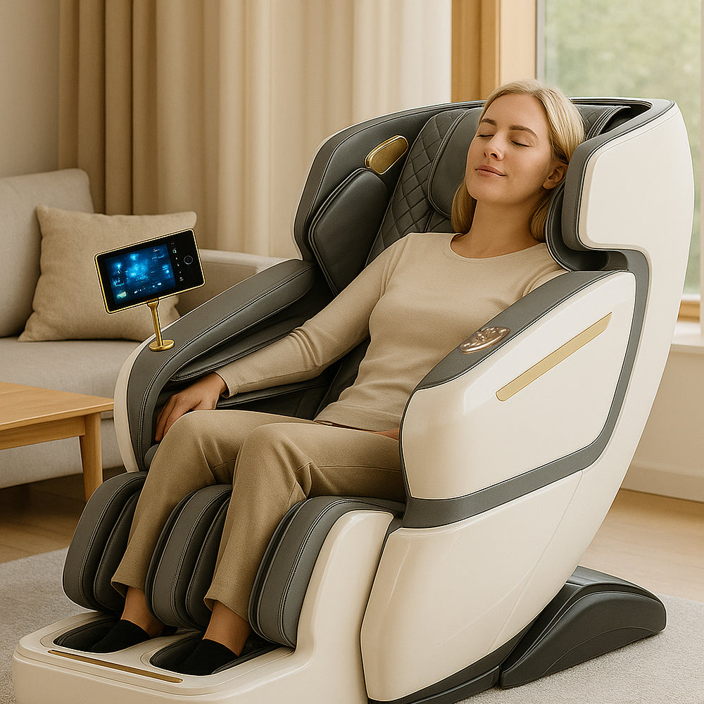 Massagesessel 4D Luxus Pro+ mit SL-Technologie, Wärmetherapie, Sprachsteuerung & Touchscreen - Modell M5 weiß