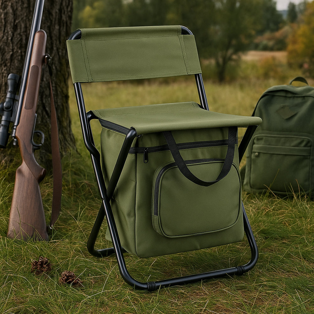 Klappbarer Campingstuhl mit Rückenlehne und Kühltasche – Grün
