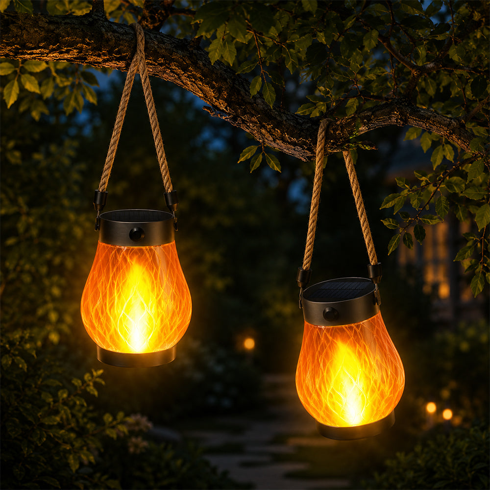 Solar-Laterne Ø12 cm mit Flammeneffekt-Licht und Hanfseil