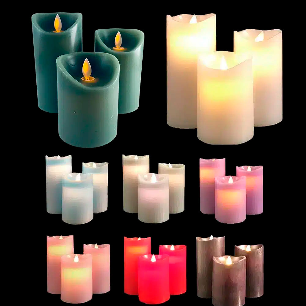 LED-Blockkerzen - 3 Stück - 12/15/17 cm - mit 3D-Flamme - (Mehrere Farben)