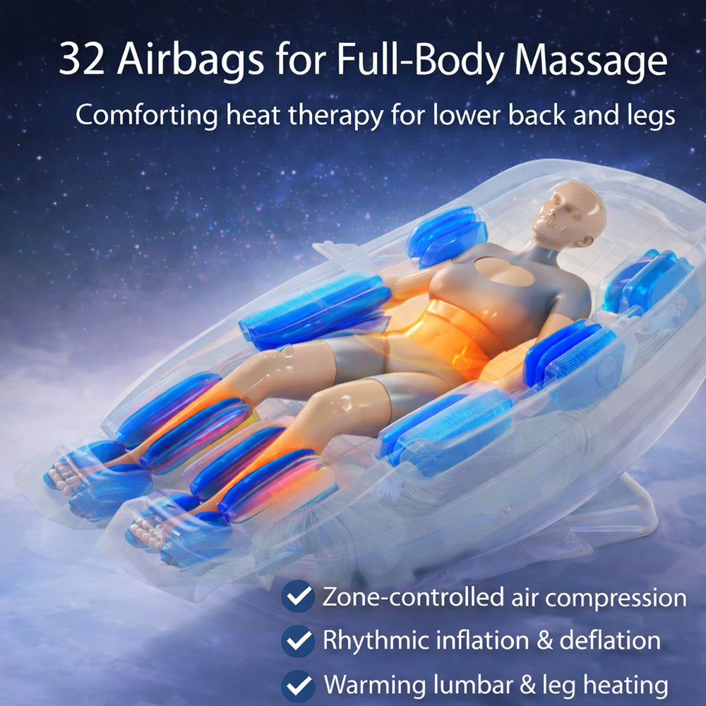 Massagesessel mit 4D-Körperscanning, Dual Zone Stretching, 32 Airbags, Wärme im Lendenbereich/Beinen und Zero Gravity - Modell 988A