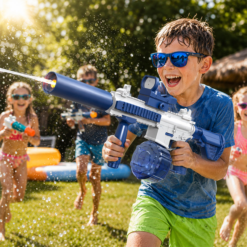 Elektrische Wasserpistole M416 – blaues Modell mit Trommelmagazin und Zielfernrohr
