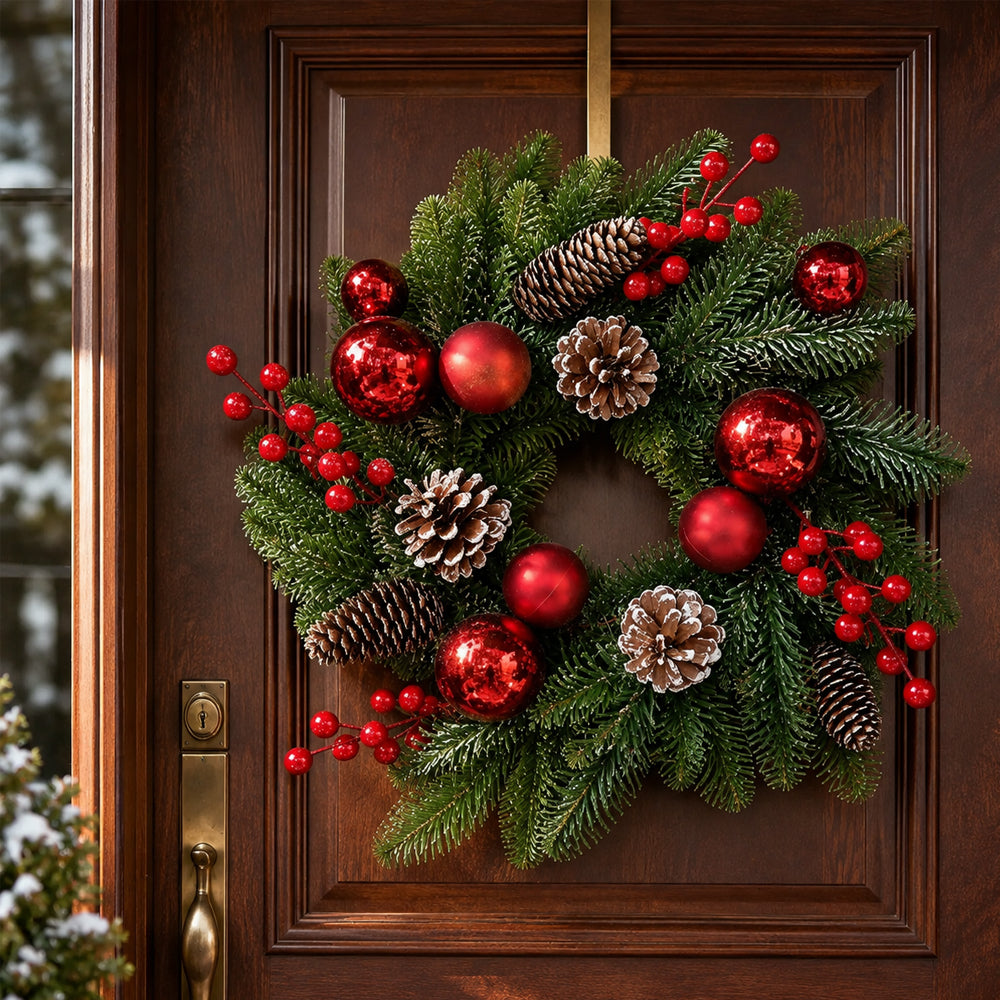 Exklusiver Weihnachtskranz 50 cm – Rote Kugeln, Beeren und Tannenzapfen