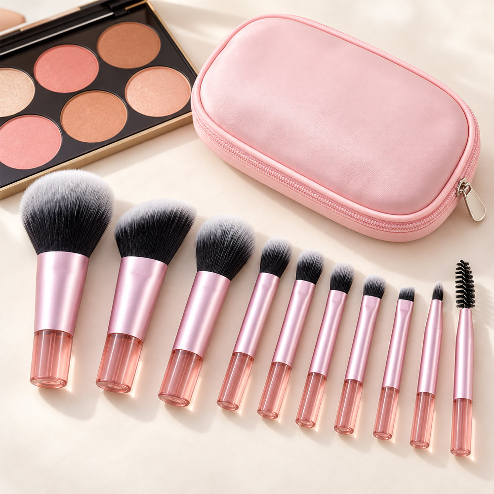 Make-up-Pinselset mit 10 Pinseln und hellrosa Reiseetui