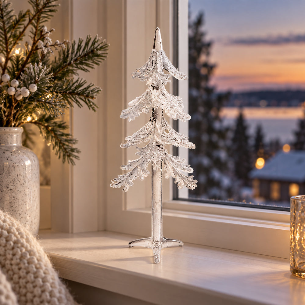 Eleganter Glas-Weihnachtsbaum 22 cm mit Schnee – Transparente Weihnachtsdekoration