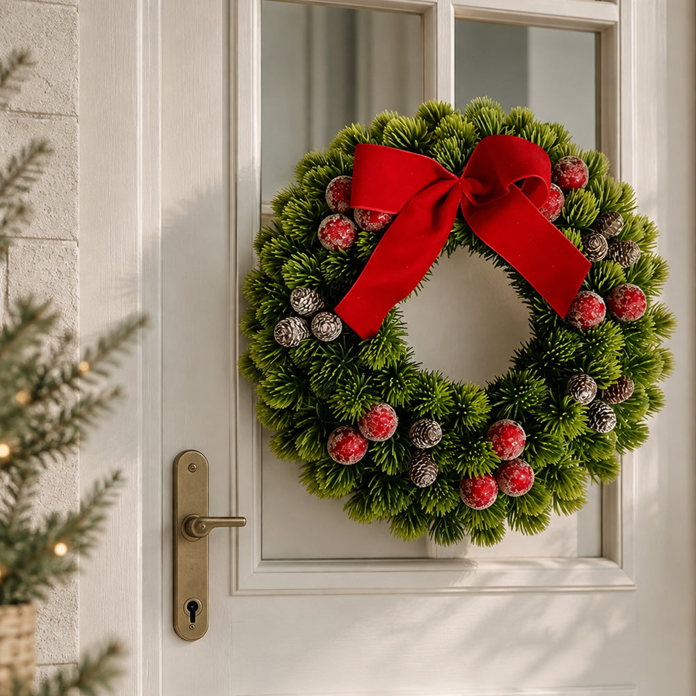 Exklusiver Weihnachtskranz 33 cm – Rote Beeren, Tannenzapfen und Schleife