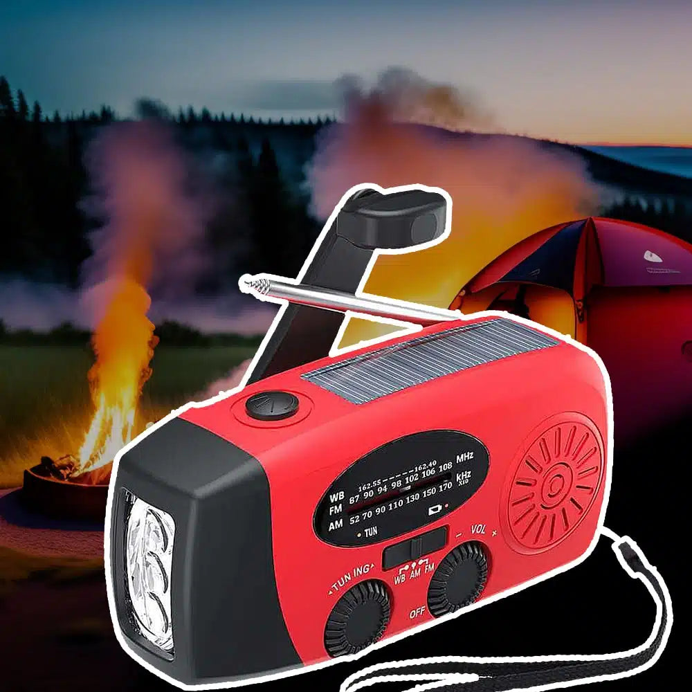 Notfallradio FM/AM mit integrierten Solarzellen, Taschenlampe, Powerbank & Handkurbel