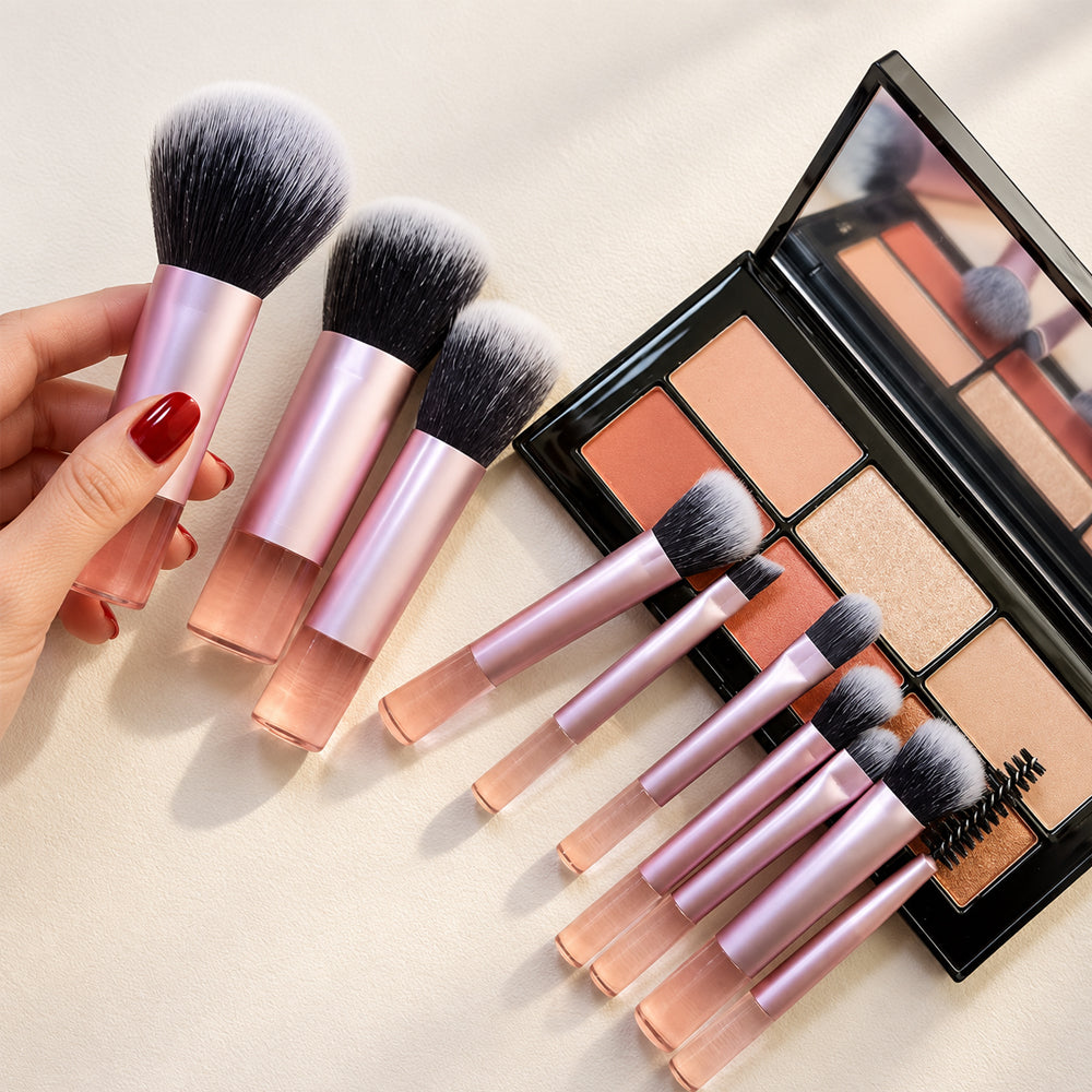 Make-up-Pinselset mit 10 Pinseln und hellrosa Reiseetui