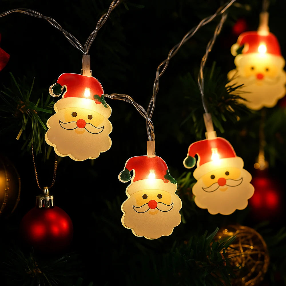 2 Meter lange Lichterkette mit 10 Weihnachtsmännern und Tannenzweigen an den Mützen – batteriebetrieben