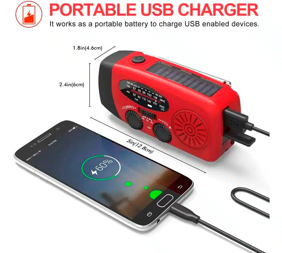 Notfallradio FM/AM mit integrierten Solarzellen, Taschenlampe, Powerbank & Handkurbel