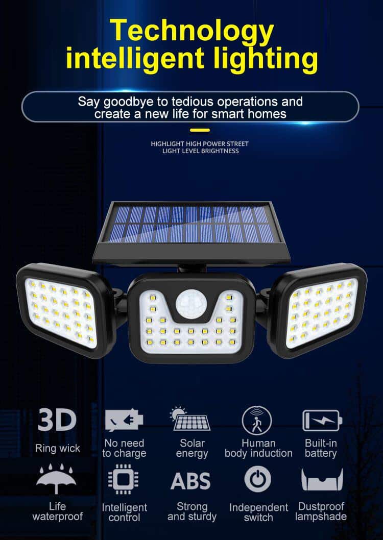 Leistungsstarke LED-Solarzellenlampe mit 3 Spots und Bewegungssensor