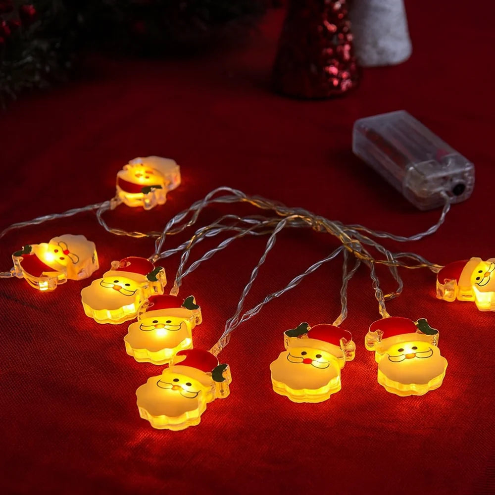 2 Meter lange Lichterkette mit 10 Weihnachtsmännern und Tannenzweigen an den Mützen – batteriebetrieben