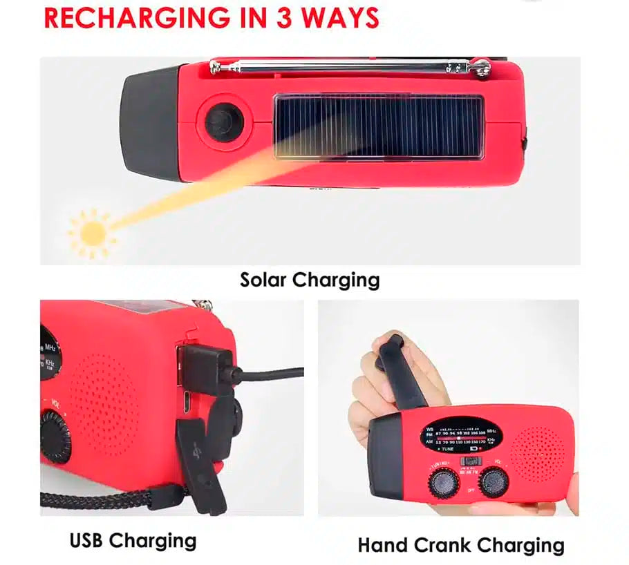 Notfallradio FM/AM mit integrierten Solarzellen, Taschenlampe, Powerbank & Handkurbel