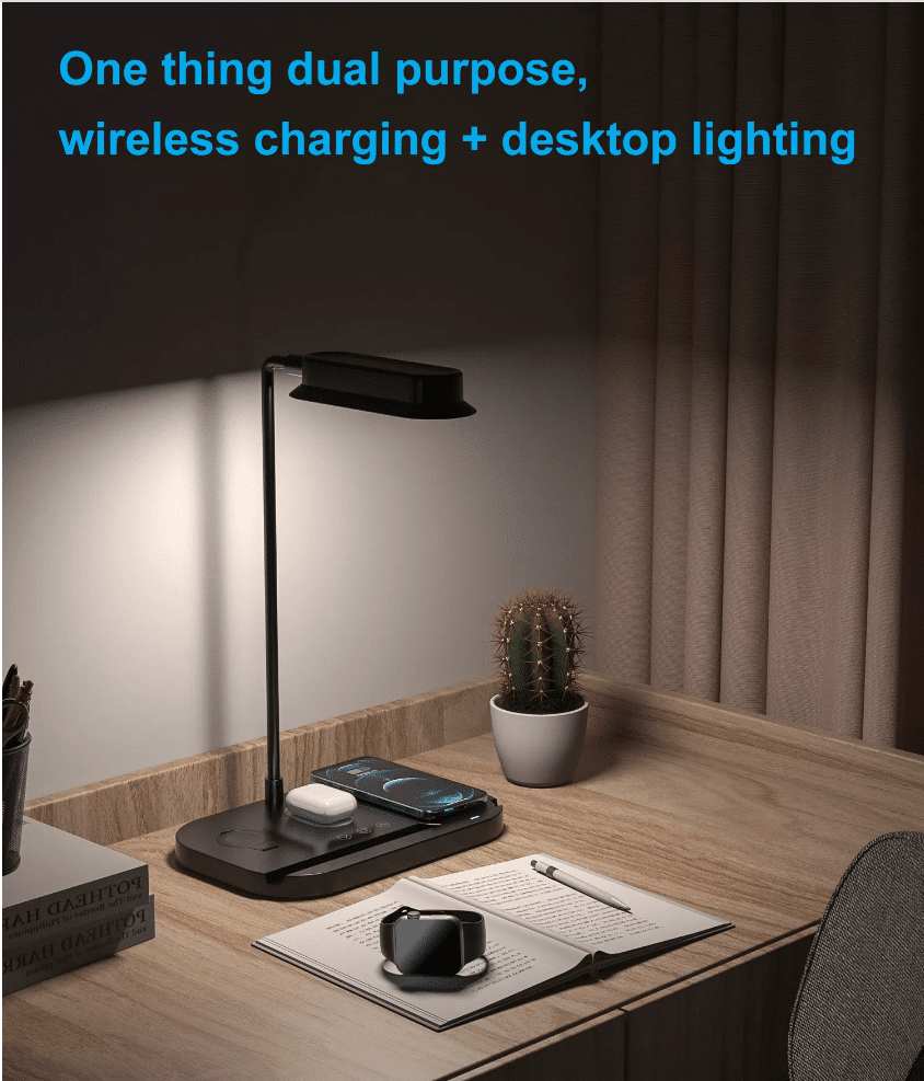 LED-Tischlampe mit Dimmer und kabellosem Ladegerät für Smartphones (4-in-1)