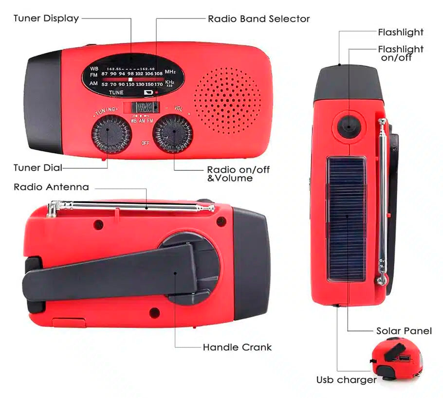 Notfallradio FM/AM mit integrierten Solarzellen, Taschenlampe, Powerbank & Handkurbel