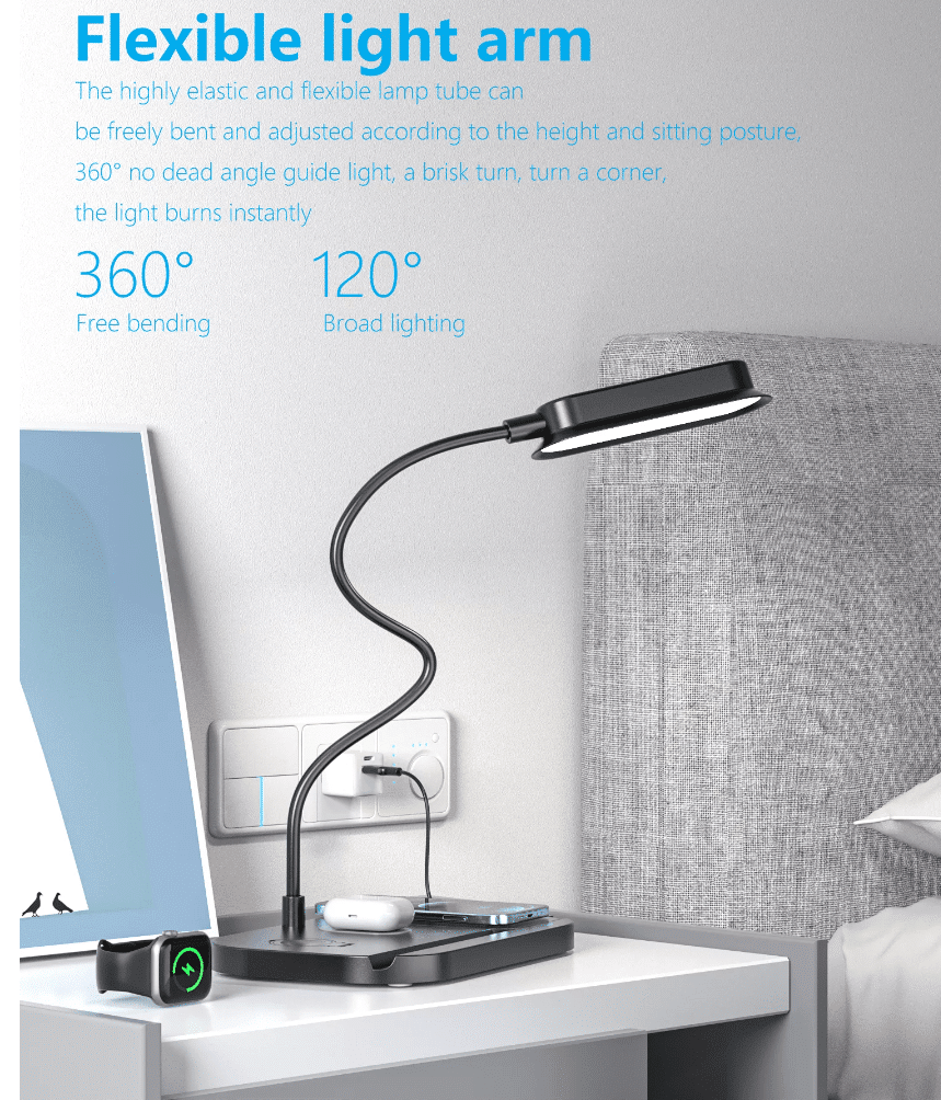LED-Tischlampe mit Dimmer und kabellosem Ladegerät für Smartphones (4-in-1)