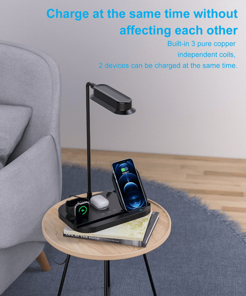 LED-Tischlampe mit Dimmer und kabellosem Ladegerät für Smartphones (4-in-1)