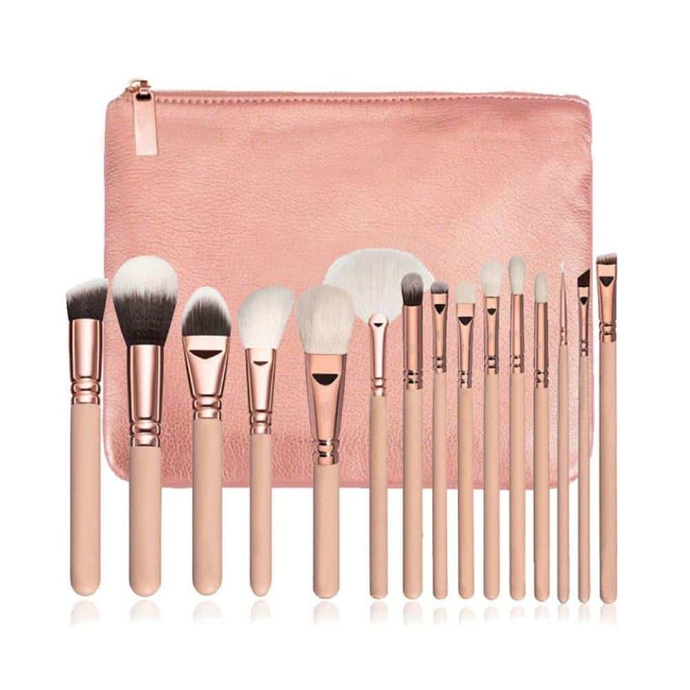 Schminkpinsel-Set - 15-teilig inkl. Tasche - Beige