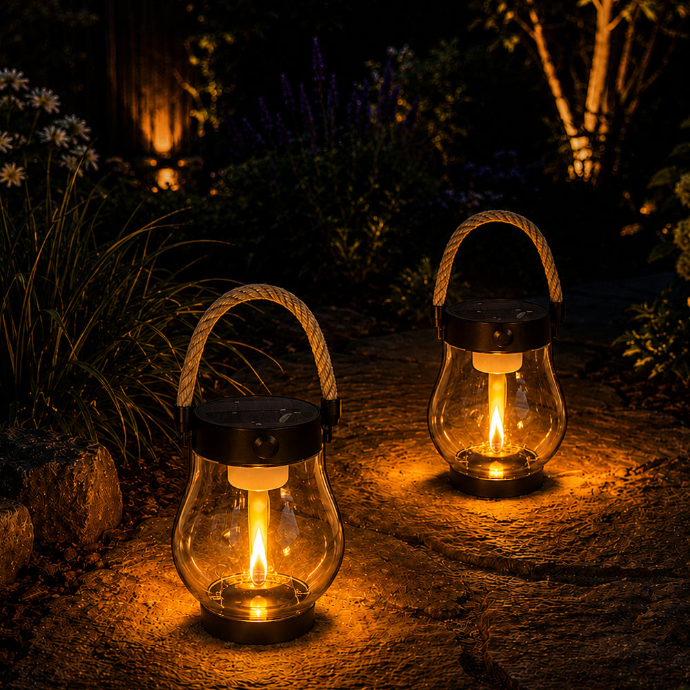 Solar-Laterne Ø12 cm mit Flammeneffekt-Licht und Hanfseil