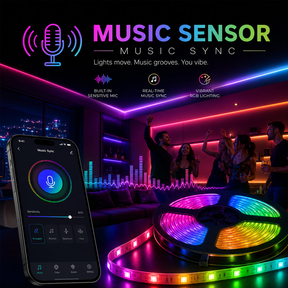 LED Leiste Lichterkette 5 m. W / Bluetooth, Fernbedienung und Musiksensor