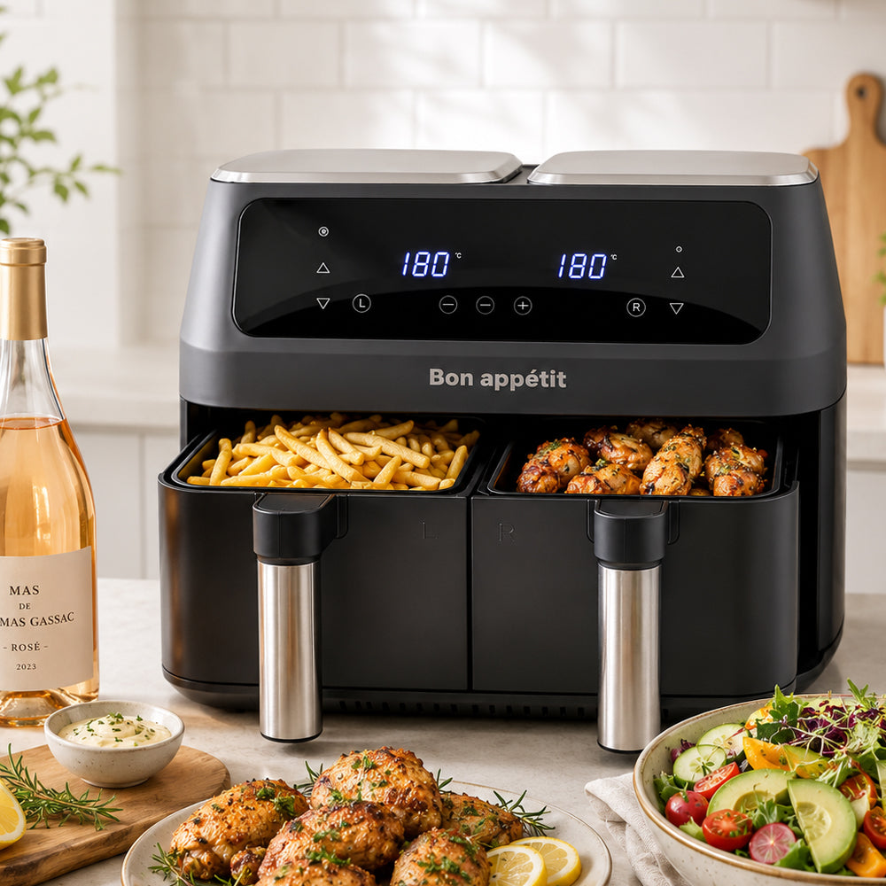 Heißluftfritteuse 8,0 l - doppelt - 2 Körbe und 2.400 Watt