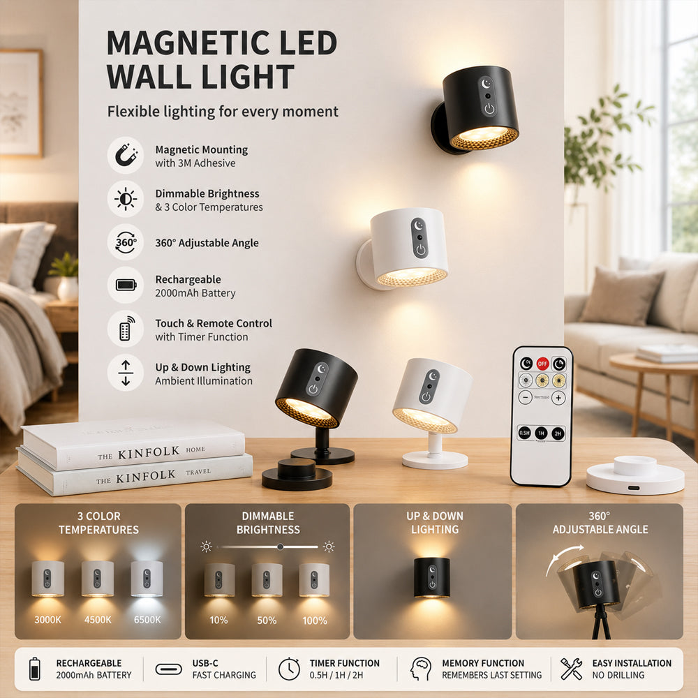 LED-Nachtlampe 360° drehbar, magnetisch, 3 Farbtemperaturen – weiß oder schwarz