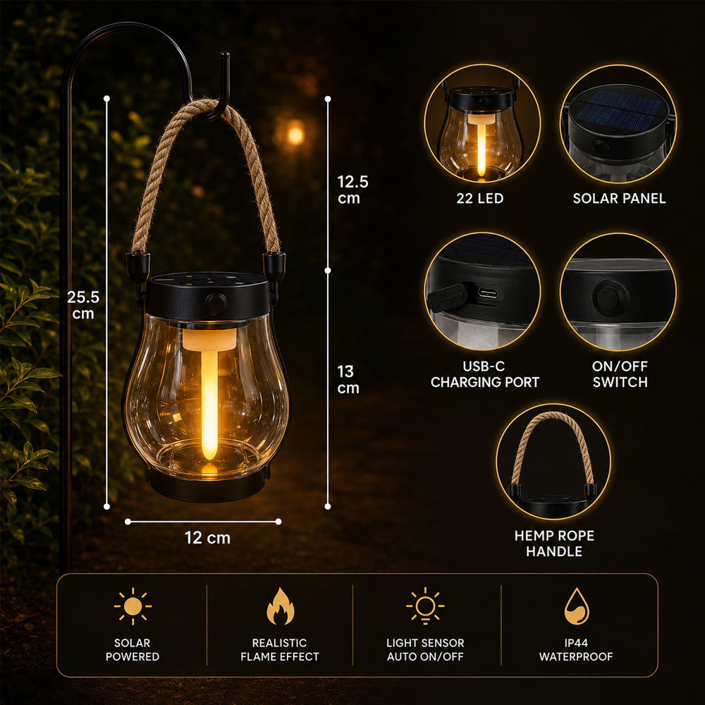 Solar-Laterne Ø12 cm mit Flammeneffekt-Licht und Hanfseil