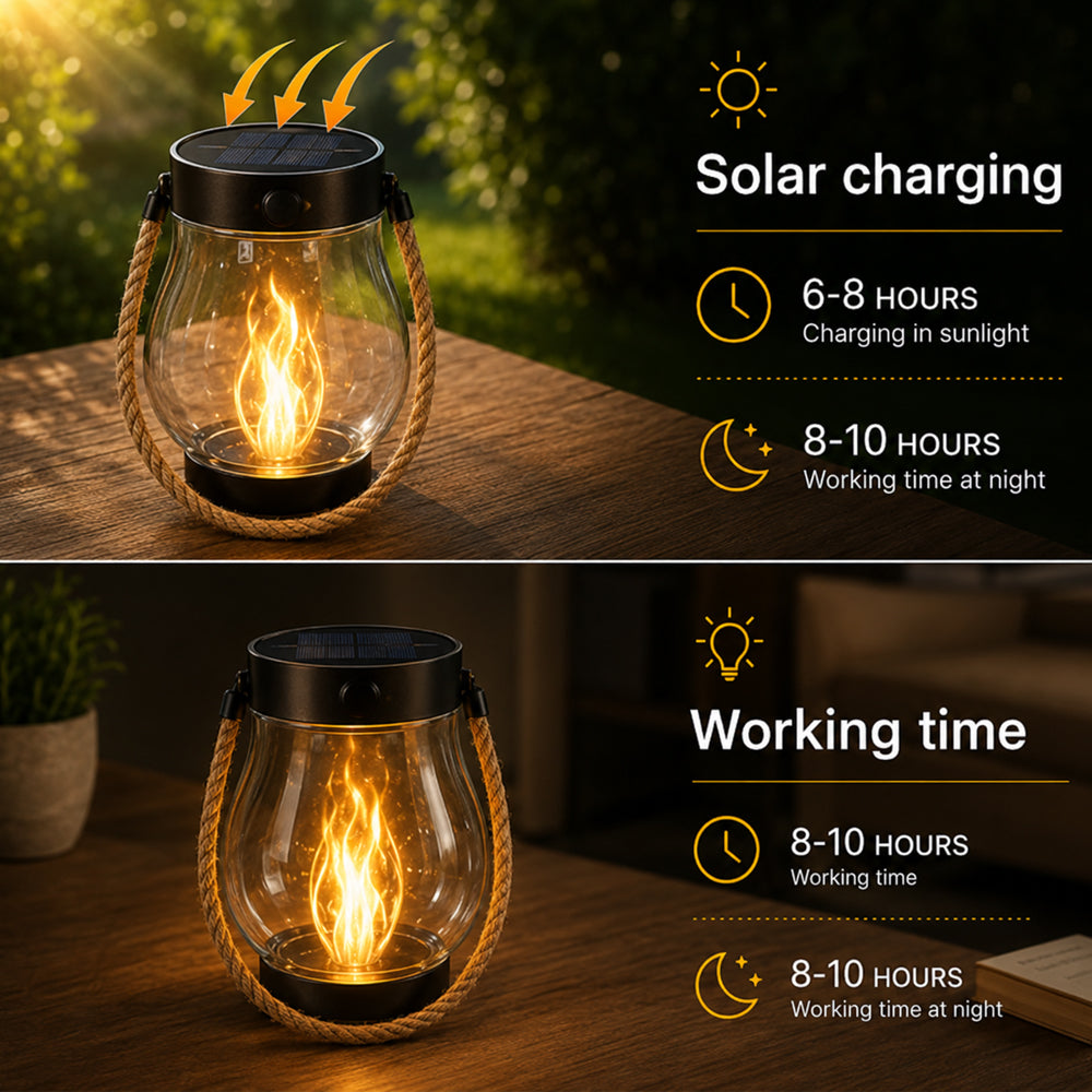 Solar-Laterne Ø12 cm mit Flammeneffekt-Licht und Hanfseil