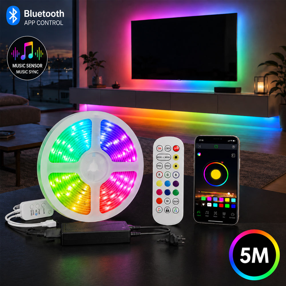 LED Leiste Lichterkette 5 m. W / Bluetooth, Fernbedienung und Musiksensor