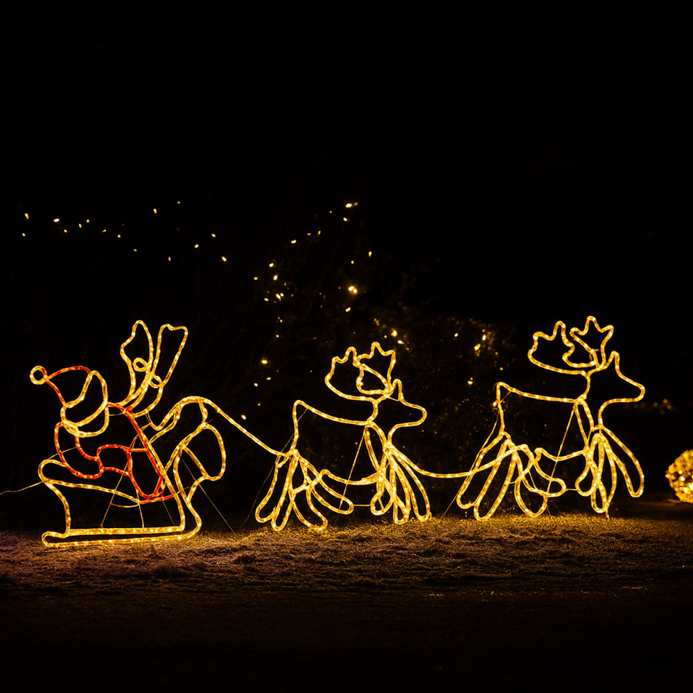 Weihnachtsmann, Rentiere und Schlitten - 230 cm mit LED-Lichtern -