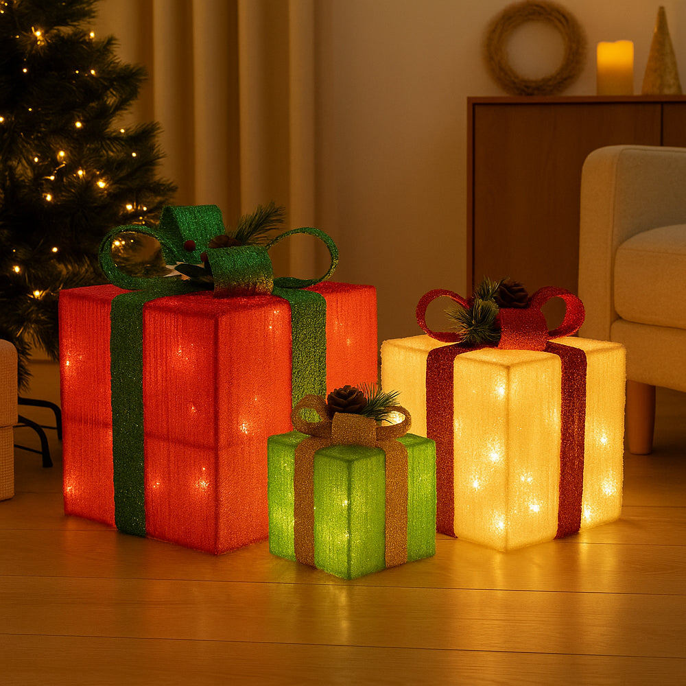LED-Geschenkbox, bunte Farben - Set mit 3 Stück - rot, grün & gelb