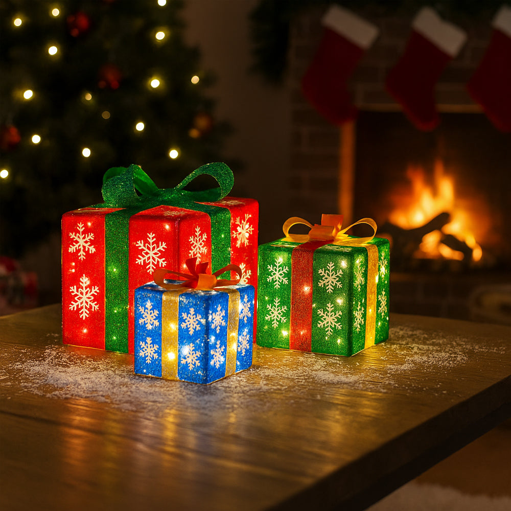 LED-Geschenkbox, bunte Farben - Set mit 3 Stück - rot, grün & blau