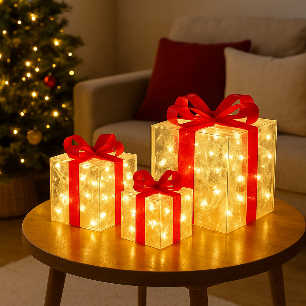 LED-Geschenkbox, Transparent mit roten Schleifen - Set aus 3 -