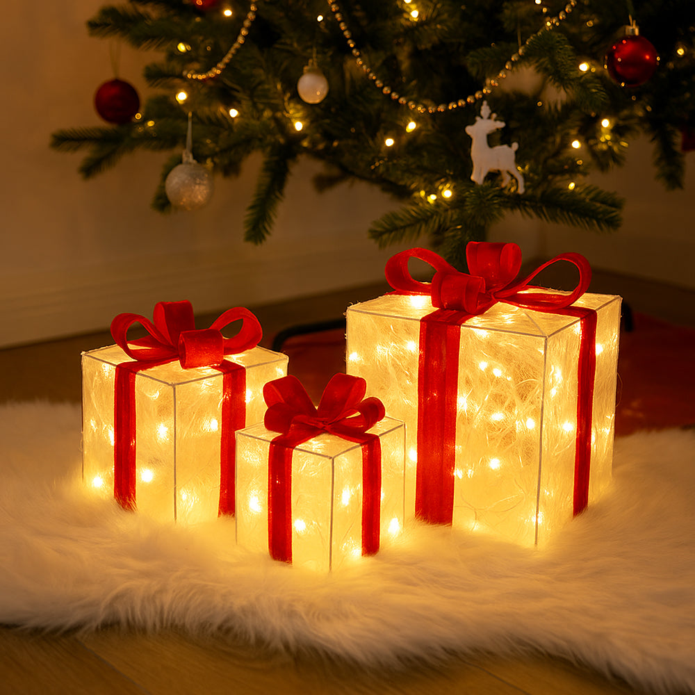 LED-Geschenkbox, Transparent mit roten Schleifen - Set aus 3 -