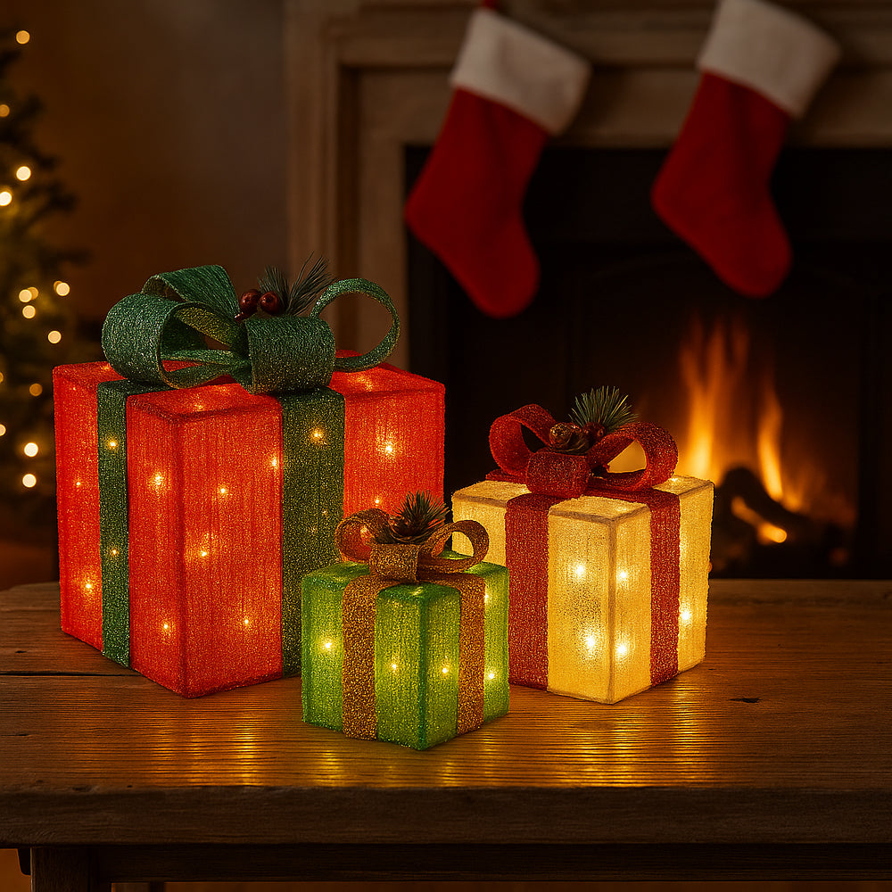 LED-Geschenkbox, bunte Farben - Set mit 3 Stück - rot, grün & gelb