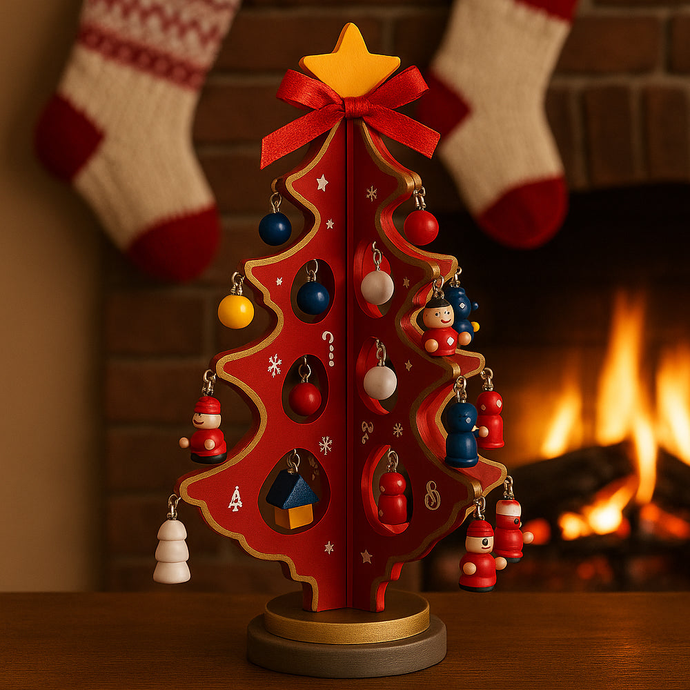 Weihnachtsbäume mit Schleife aus Holz – jeder mit 20 handbemalten Figuren, rot oder grün