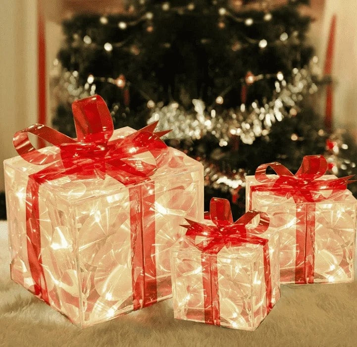 LED-Geschenkbox, Transparent mit roten Schleifen - Set aus 3 -