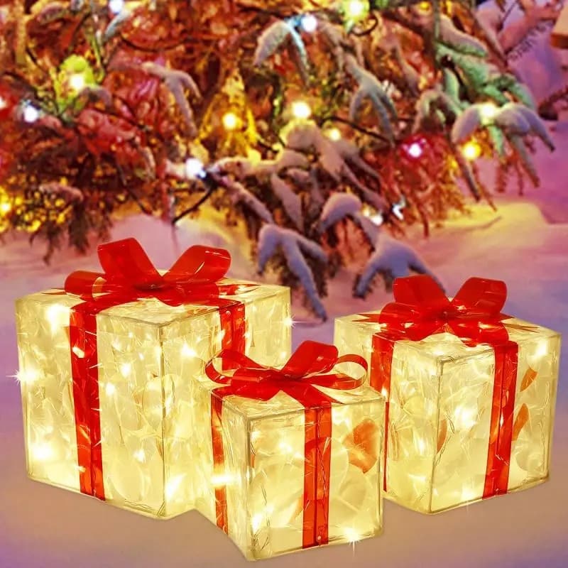 LED-Geschenkbox, Transparent mit roten Schleifen - Set aus 3 -
