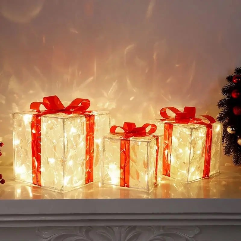 LED-Geschenkbox, Transparent mit roten Schleifen - Set aus 3 -