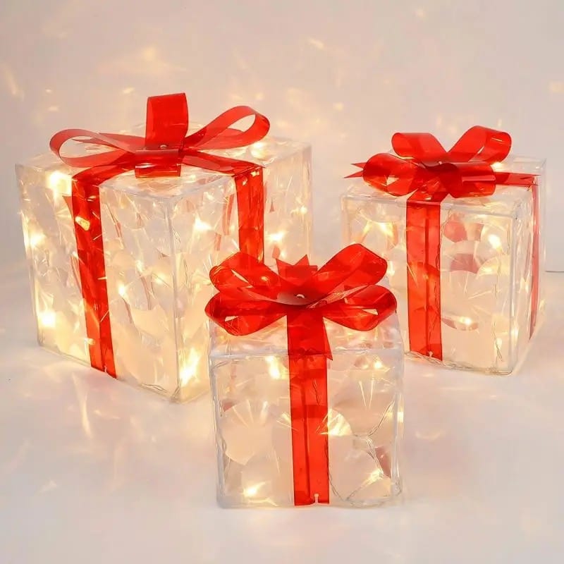 LED-Geschenkbox, Transparent mit roten Schleifen - Set aus 3 -