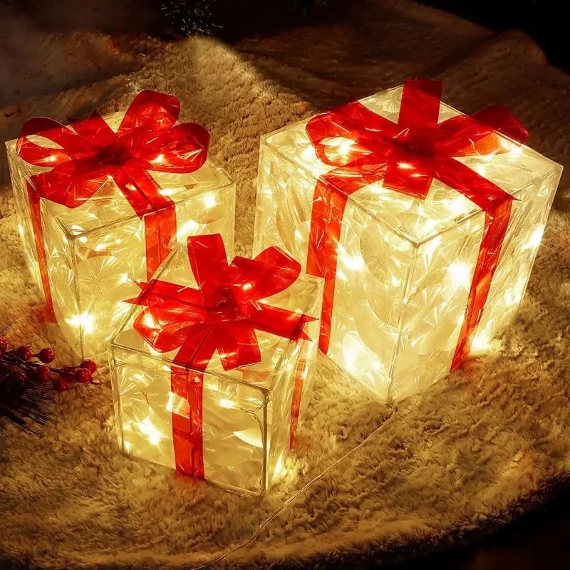 LED-Geschenkbox, Transparent mit roten Schleifen - Set aus 3 -