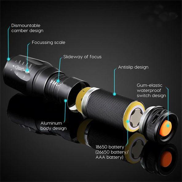Taschenlampe LED (wasserdicht und stoßfest) mit 5 Funktionen